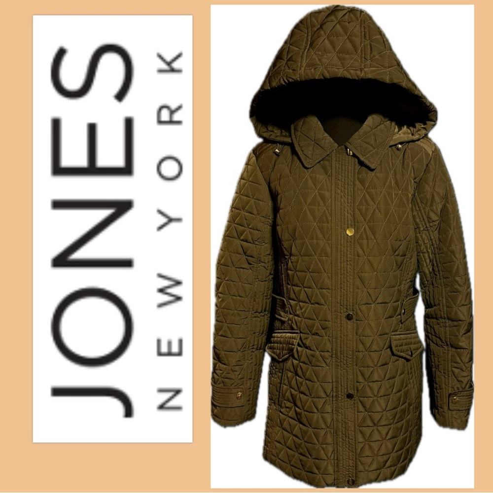 Jones New York Olive Green Quilted Hooded Coat sz L